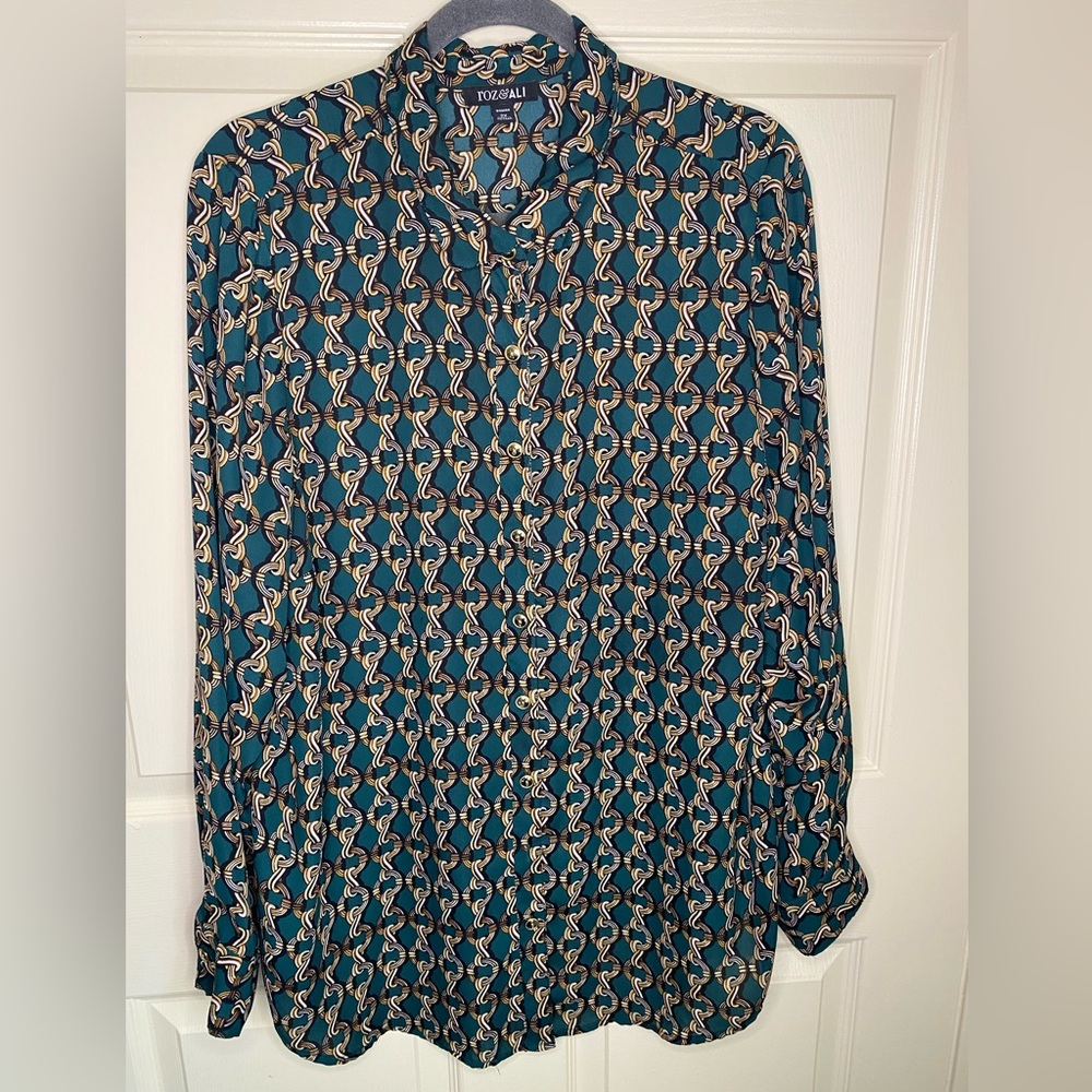 Roz & Ali Size 2XL Plus Green Gold Blouse